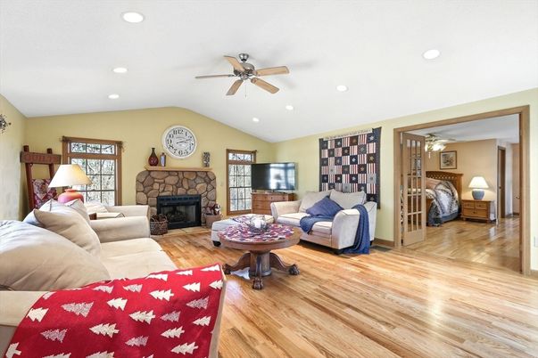 Bedroom, Fireplace, Interior, Living room, Recessed Lighting, Wood Texture Flooring