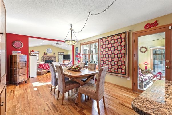 Dining room, Fireplace, Interior, Living room, Pendant Lights, Wood Texture Flooring
