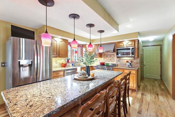 Interior, Kitchen, Pendant Lights, Stainless Steel Appliances, Wood Texture Flooring
