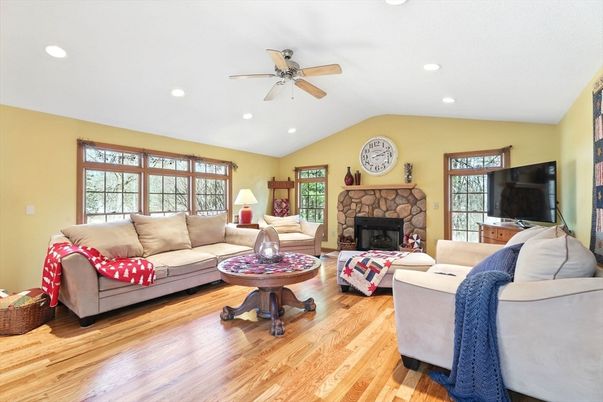 Fireplace, Interior, Living room, Recessed Lighting, Wood Texture Flooring