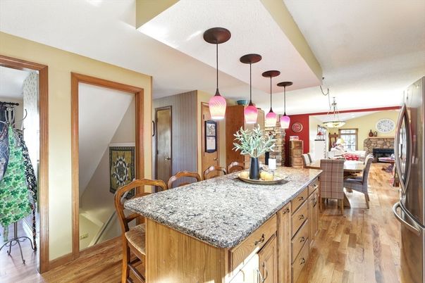 Dining room, Interior, Kitchen, Living room, Pendant Lights, Wood Texture Flooring