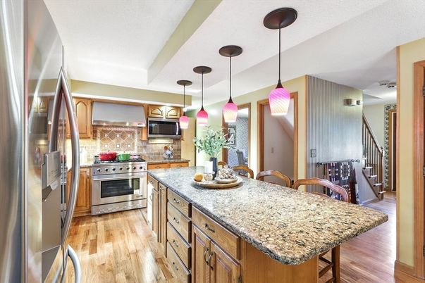 Interior, Kitchen, Pendant Lights, Stainless Steel Appliances, Wood Texture Flooring