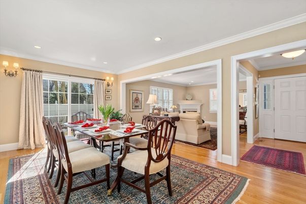 Dining room, Fireplace, Interior, Living room, Recessed Lighting, Wood Texture Flooring
