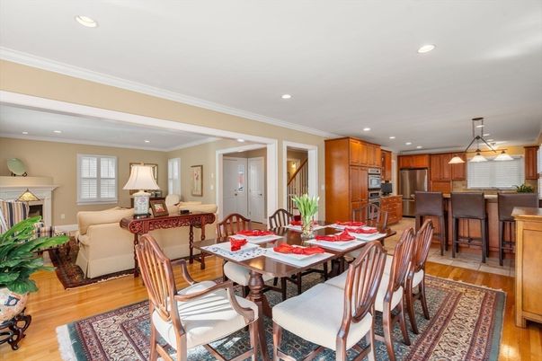 Dining room, Fireplace, Interior, Kitchen, Living room, Pendant Lights, Recessed Lighting, Stainless Steel Appliances, Wood Texture Flooring