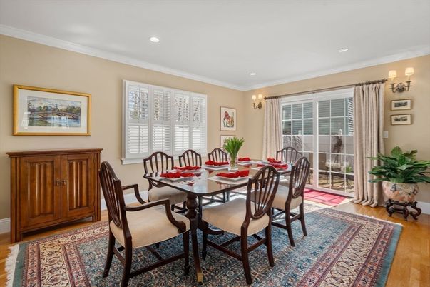 Dining room, Interior, Recessed Lighting, Wood Texture Flooring