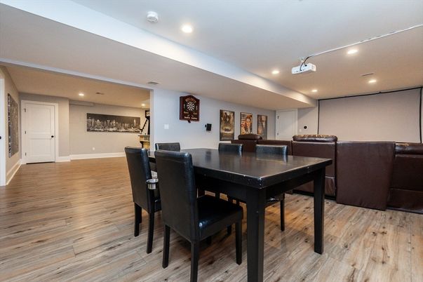 Dining room, Interior, Recessed Lighting, Wood Texture Flooring