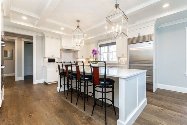Chandelier, Interior, Kitchen, Pendant Lights, Recessed Lighting, Stainless Steel Appliances, Wood Texture Flooring
