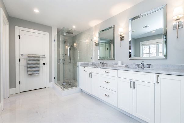 Bathroom, Dual Sink Vanities, Glass Shower, Interior, Marble, Recessed Lighting