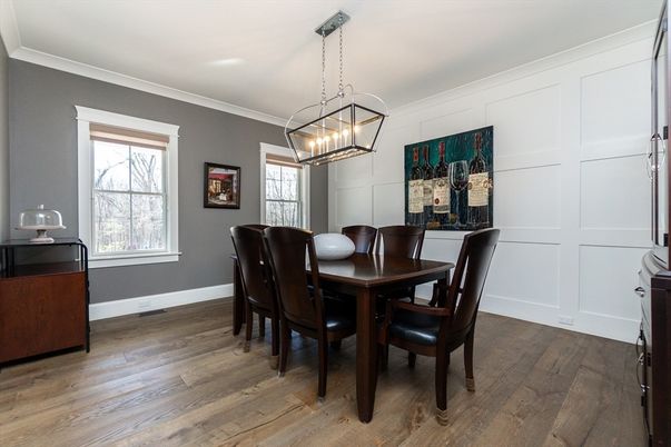 Dining room, Interior, Pendant Lights, Wood Texture Flooring