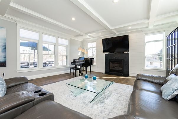 Fireplace, Interior, Living room, Piano, Recessed Lighting, Wood Texture Flooring