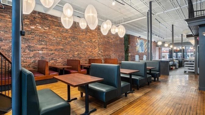 Dining room, Interior, Pendant Lights, Stone Walls, Wood Texture Flooring