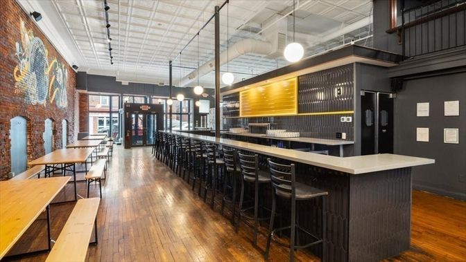 Interior, Kitchen, Pendant Lights, Stone Walls, Wood Texture Flooring