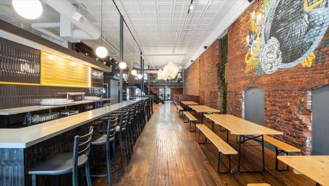 Dining room, Interior, Kitchen, Pendant Lights, Stone Walls, Wood Texture Flooring