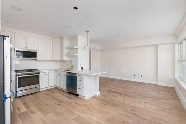 Interior, Kitchen, Recessed Lighting, Stainless Steel Appliances, Wood Texture Flooring