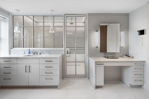 Bathroom, Dual Sink Vanities, Interior, Pendant Lights, Stone Walls