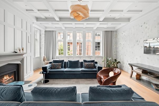 Fireplace, Interior, Living room, Pendant Lights, Wood Texture Flooring