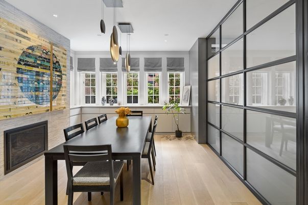 Dining room, Interior, Pendant Lights, Recessed Lighting, Wood Texture Flooring