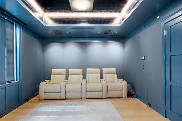 Home Theatre Room, Interior, Recessed Lighting, Theatre Room, Wood Texture Flooring