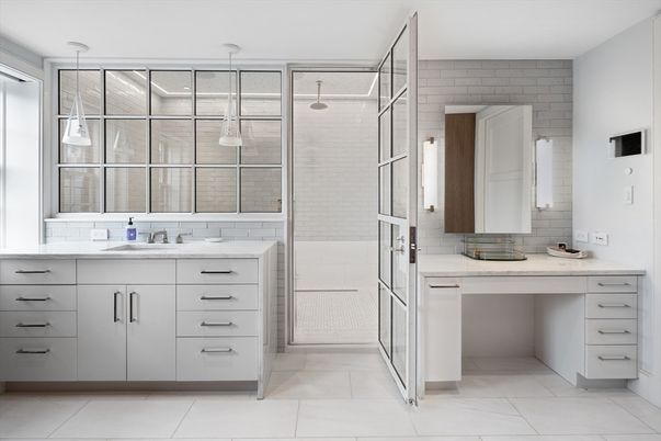 Bathroom, Dual Sink Vanities, Glass Shower, Interior, Pendant Lights, Stone Walls