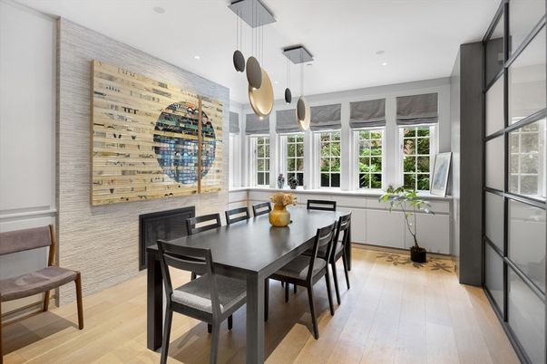 Dining room, Interior, Pendant Lights, Recessed Lighting, Wood Texture Flooring