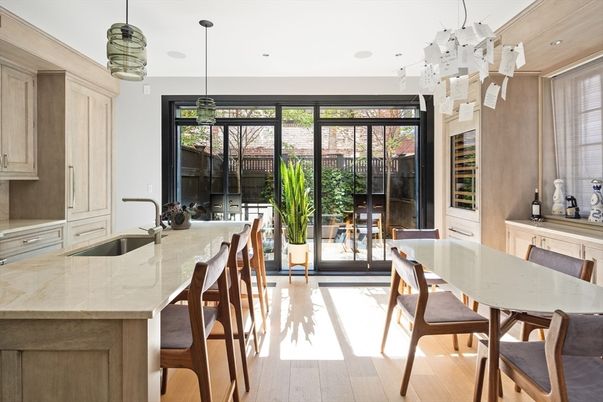 Dining room, Interior, Pendant Lights, Recessed Lighting, Wood Texture Flooring
