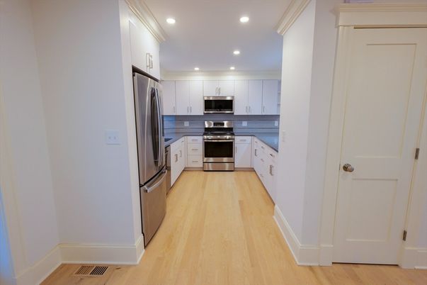 Interior, Kitchen, Recessed Lighting, Stainless Steel Appliances, Wood Texture Flooring