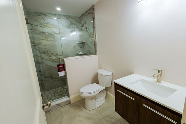 Bathroom, Glass Shower, Interior, Marble Walls, Recessed Lighting