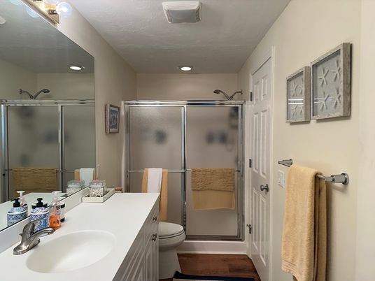 Bathroom, Glass Shower, Interior, Recessed Lighting, Wood Texture Flooring