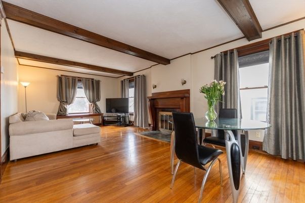 Dining room, Fireplace, Interior, Living room, Wooden Beams, Wood Texture Flooring