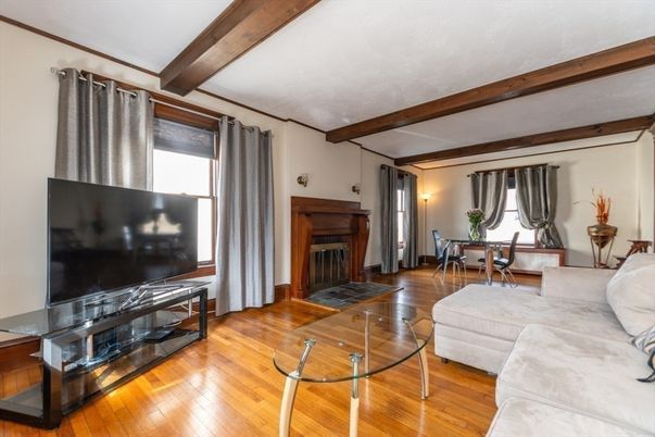 Dining room, Fireplace, Interior, Living room, Wooden Beams, Wood Texture Flooring