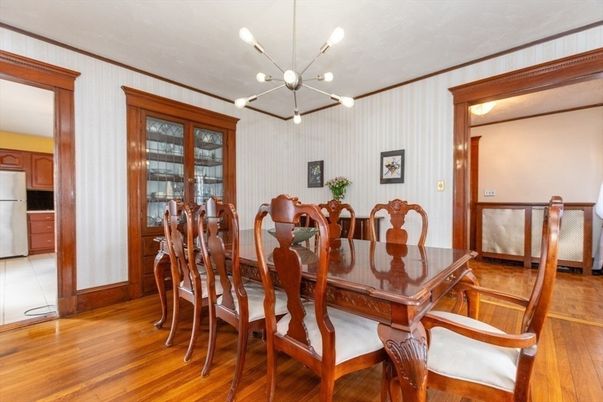 Dining room, Interior, Pendant Lights, Wood Texture Flooring