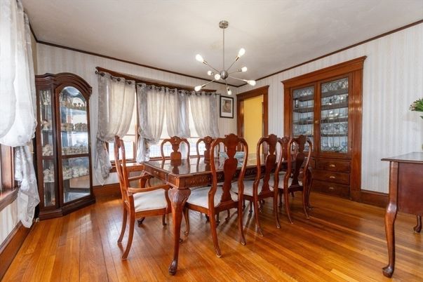 Dining room, Interior, Pendant Lights, Wood Texture Flooring