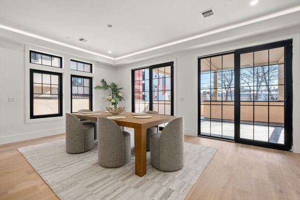 Dining room, Interior, Recessed Lighting, Wood Texture Flooring