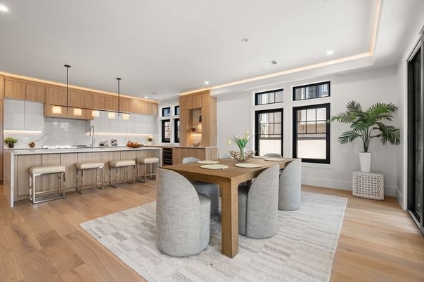 Dining room, Interior, Kitchen, Marble Walls, Pendant Lights, Recessed Lighting, Wood Texture Flooring