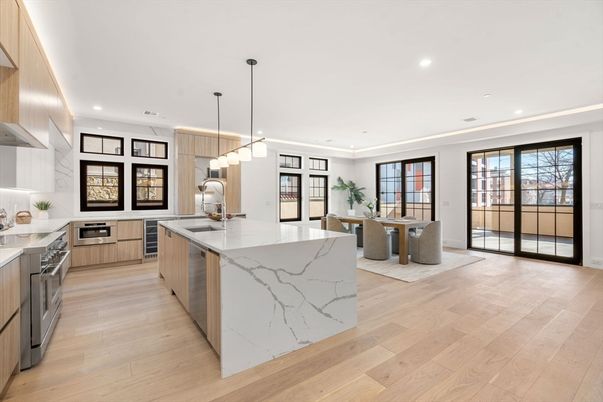 Dining room, Interior, Kitchen, Pendant Lights, Recessed Lighting, Stainless Steel Appliances, Wood Texture Flooring