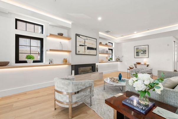 Fireplace, Interior, Living room, Recessed Lighting, Wood Texture Flooring