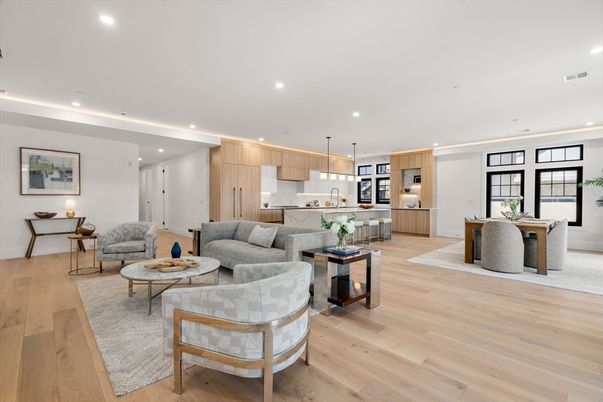 Dining room, Interior, Kitchen, Living room, Pendant Lights, Recessed Lighting, Stainless Steel Appliances, Wood Texture Flooring