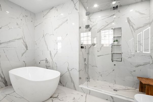 Bathroom, Free Standing Baths, Glass Shower, Interior, Marble, Marble Walls, Recessed Lighting