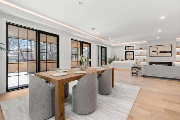 Dining room, Fireplace, Interior, Living room, Recessed Lighting, Wood Texture Flooring