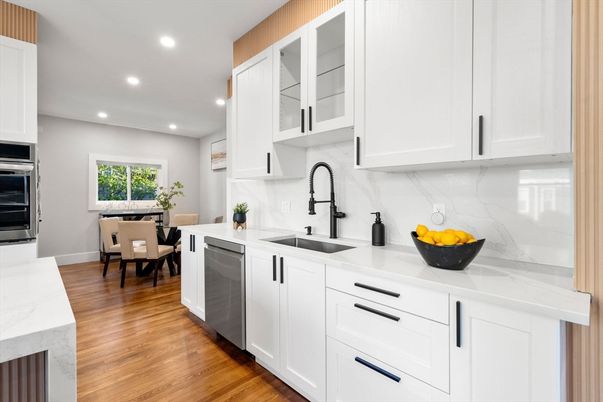 Dining room, Interior, Kitchen, Recessed Lighting, Stainless Steel Appliances, Wood Texture Flooring