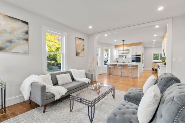 Interior, Kitchen, Living room, Pendant Lights, Recessed Lighting, Stainless Steel Appliances, Wood Texture Flooring