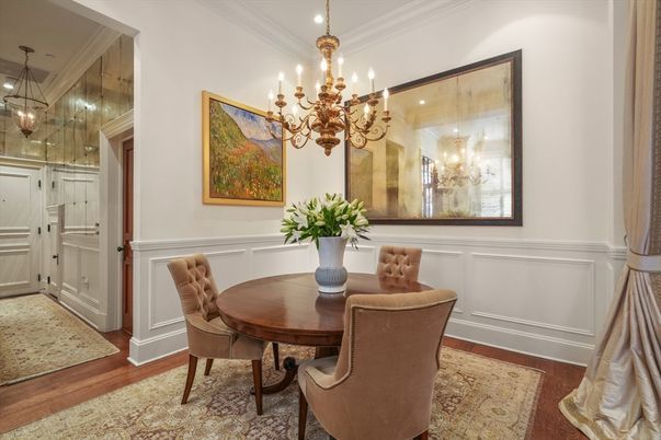 Chandelier, Dining room, Interior, Recessed Lighting, Wood Texture Flooring
