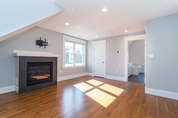 Empty room, Fireplace, Interior, Recessed Lighting, Wood Texture Flooring