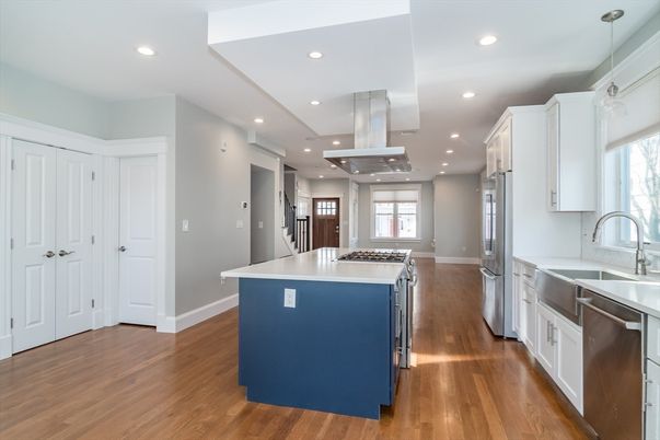 Interior, Kitchen, Pendant Lights, Recessed Lighting, Stainless Steel Appliances, Wood Texture Flooring