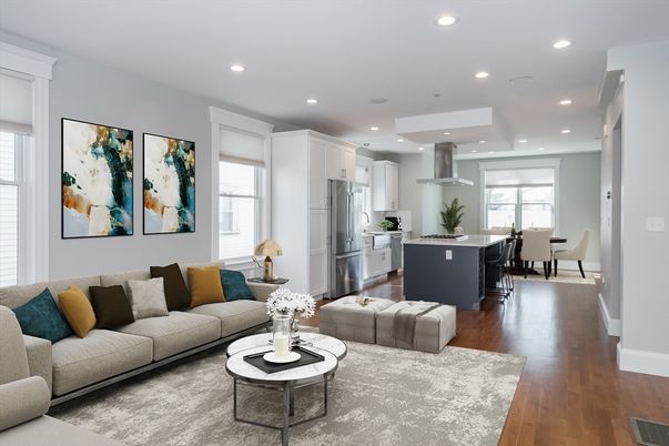 Dining room, Interior, Kitchen, Living room, Recessed Lighting, Stainless Steel Appliances, Wood Texture Flooring