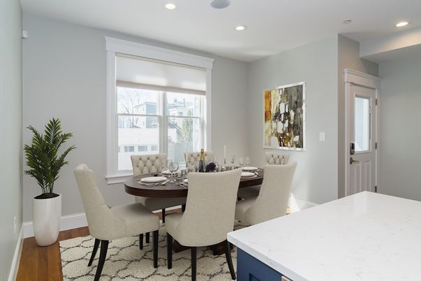 Dining room, Interior, Recessed Lighting, Wood Texture Flooring