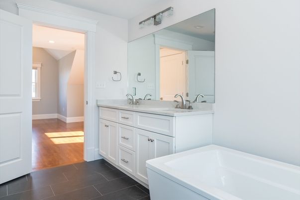 Bathroom, Dual Sink Vanities, Interior, Recessed Lighting, Wood Texture Flooring