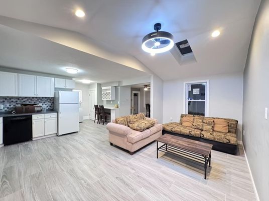 Interior, Kitchen, Living room, Recessed Lighting, Wood Texture Flooring