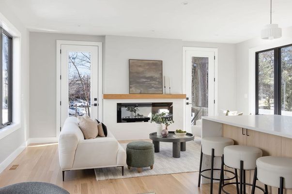 Fireplace, Interior, Living room, Pendant Lights, Recessed Lighting, Wood Texture Flooring