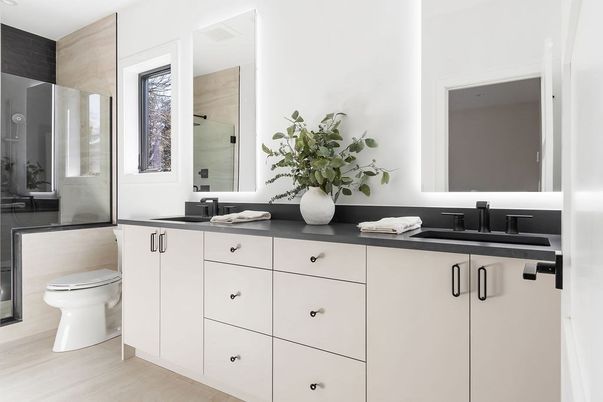 Bathroom, Dual Sink Vanities, Glass Shower, Interior, Wood Texture Flooring